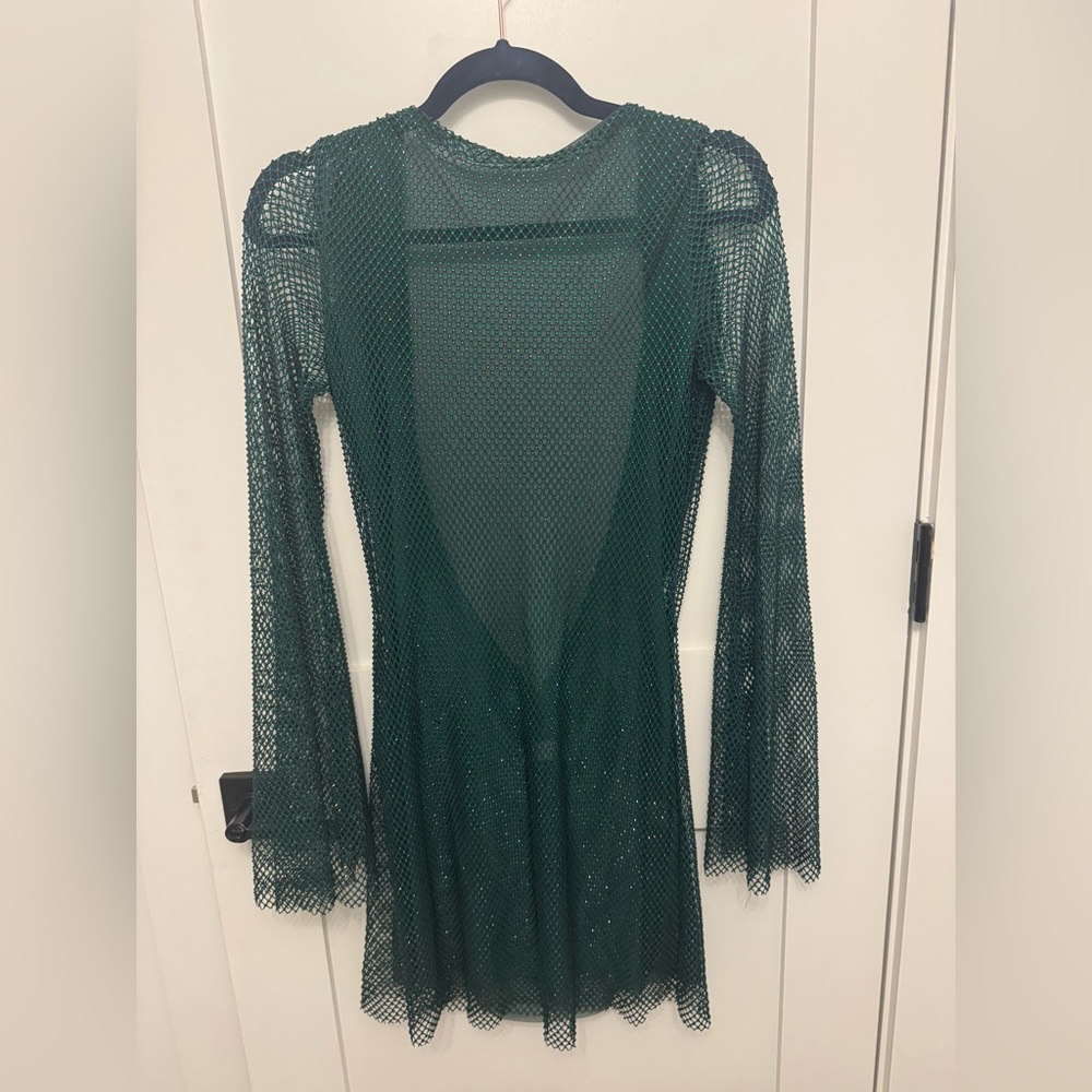 Meshki Dark Green Embellished Mesh Long Sleeve Dress